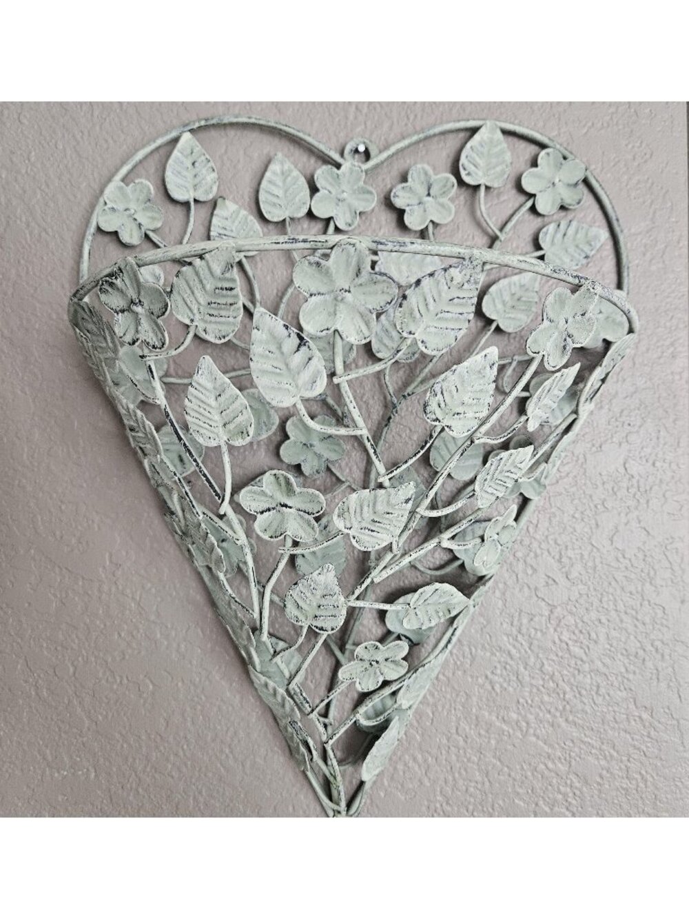 Sage Green Metal Heart Shaped Planter Shabby Wall Décor 14"